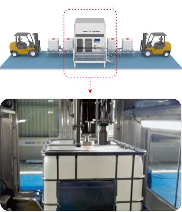Máy chiết rót thuốc trừ sâu có định vị thị giác giúp chiết rót và đóng nắp chính xác cho nhiều loại bình chứa chất lỏng
